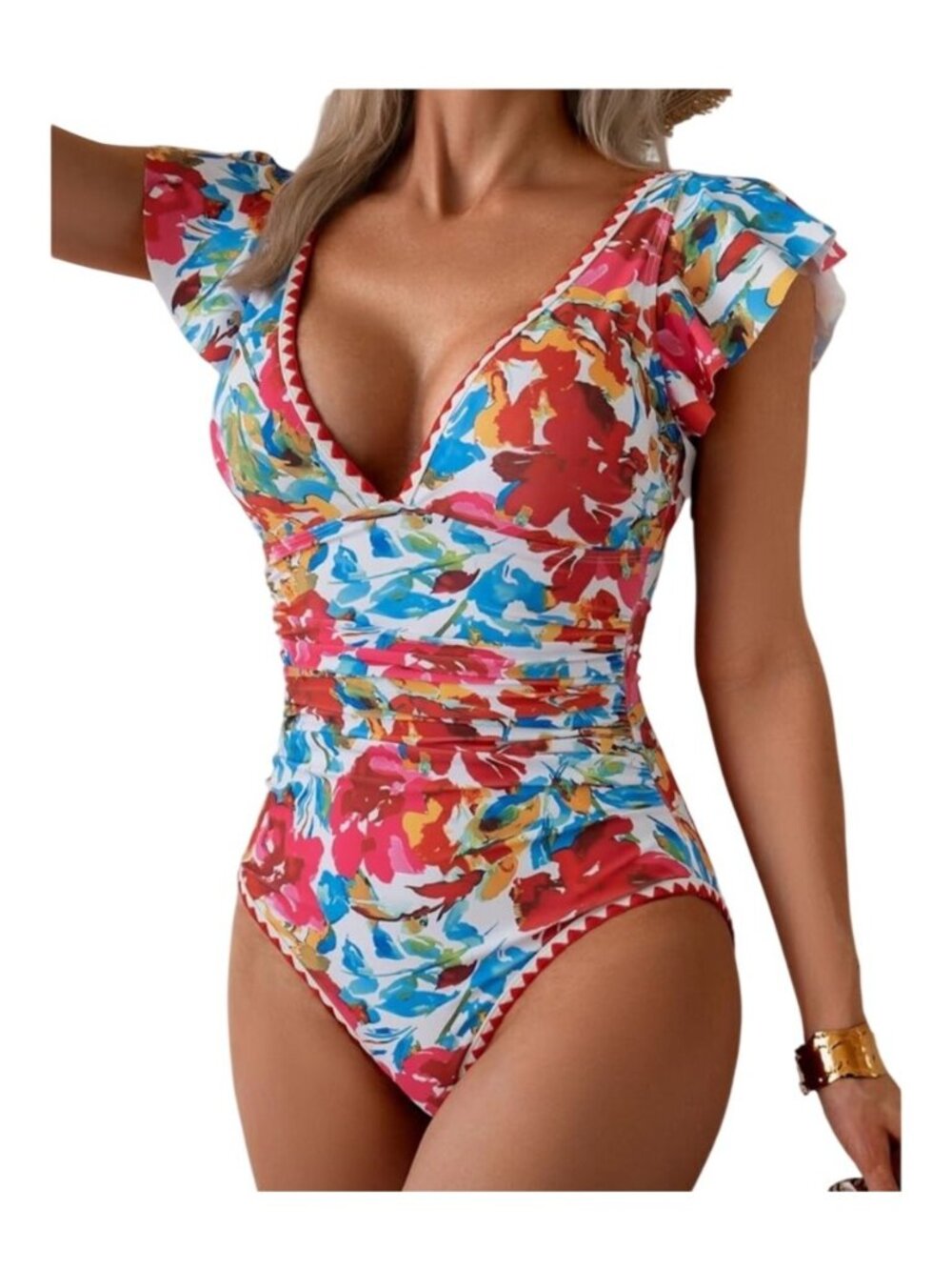Aidonger One Piece Ruffle Tummy Control Bathing Suit, V Neck Slimming Size: Smal